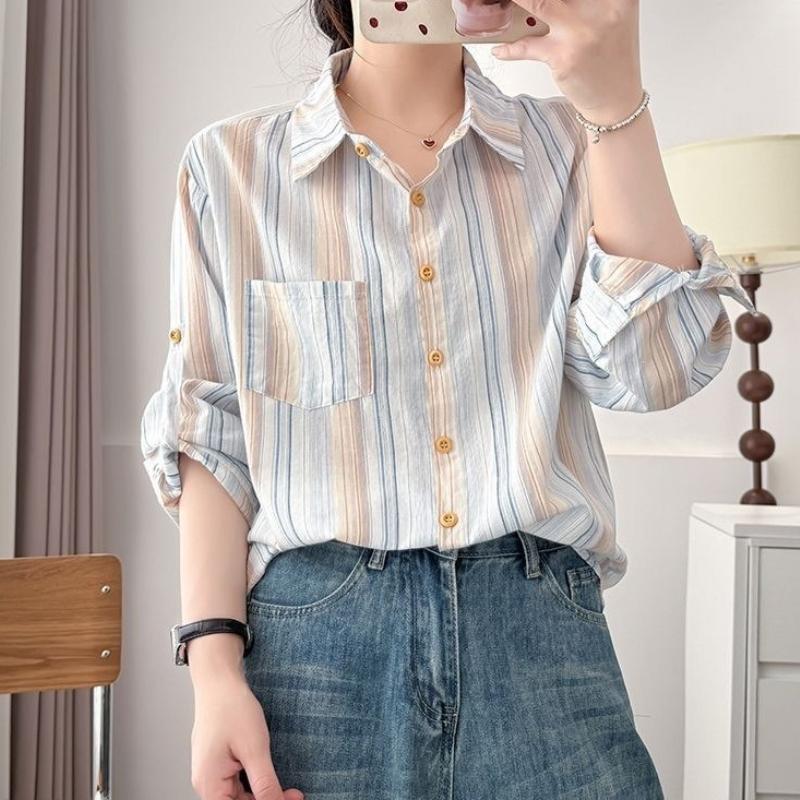 Simple Temperament Lazy Style Niche Fashion Striped Women s Shirt Pure Cotton Comfortable Casual Summer Sunscreen Fresh Vertical Striped Lapel S