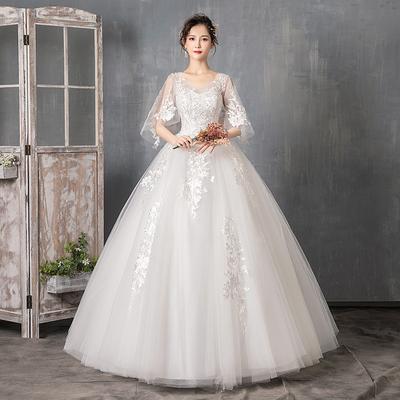Bride Wedding Dress Half Sleeve  Bandage Embroidered Lace On Net Ball Gown V-Neck