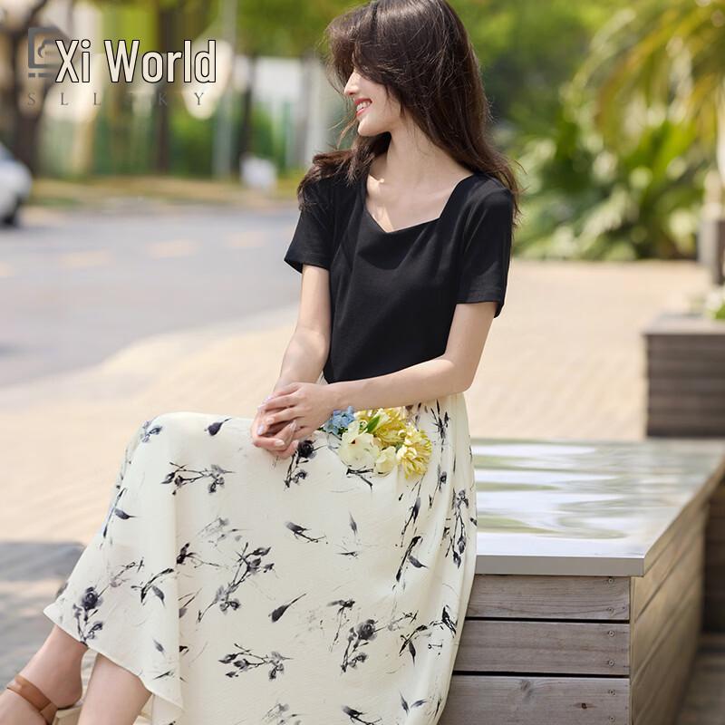 Sllsky Light Chinese Style Ink Print Faux Two-Piece A-Line Dress XL