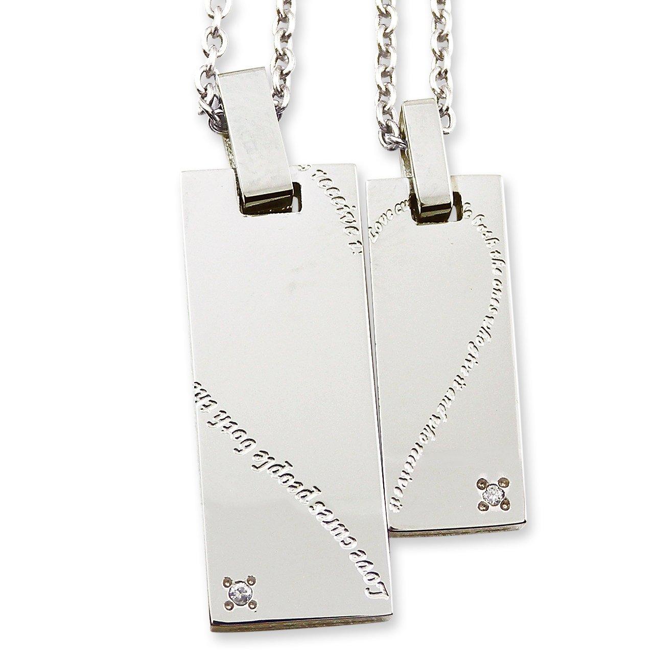 

[La Amore Eterno] Парные ожерелья, Нержавеющая сталь, Белое алмазное покрытие, Кулон с посланием в форме сердца, с цепочкой Фигаро (45 см для женщин, 50 см для мужчин)