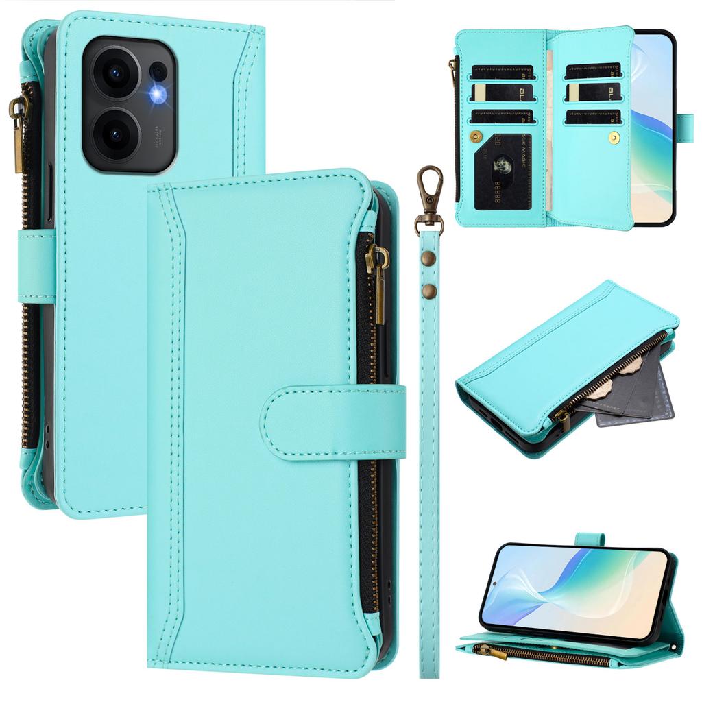 For Oppo Reno13 F 5G (Reno 13 FS 5G)/4G Leather Case 9 Card Slots Zipper Wallet Stand Phone Cover with Wrist Strap