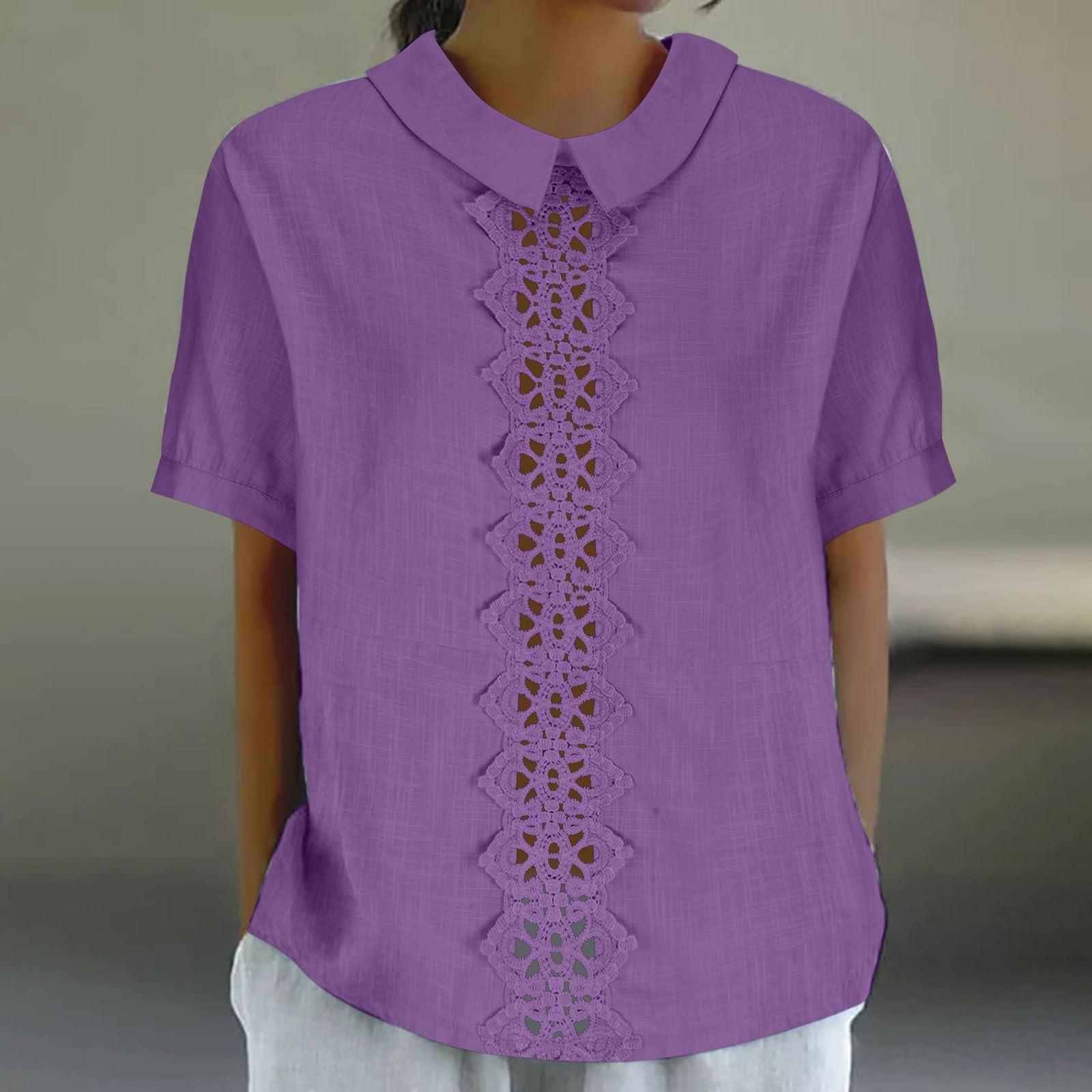 

Женская модная сетчатая кружевная рубашка с лацканами, короткий рукав, футболка, топ L фиолетовый
