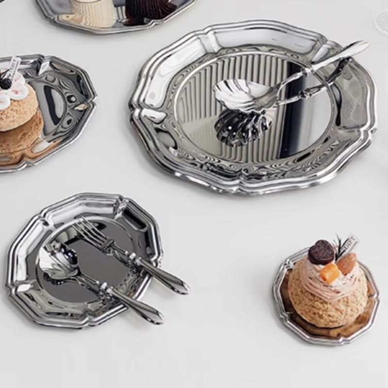 Silver Stainless Steel Cake Tray Round Mirror Surface Dessert Plate for Restaurant Buffet Food Display