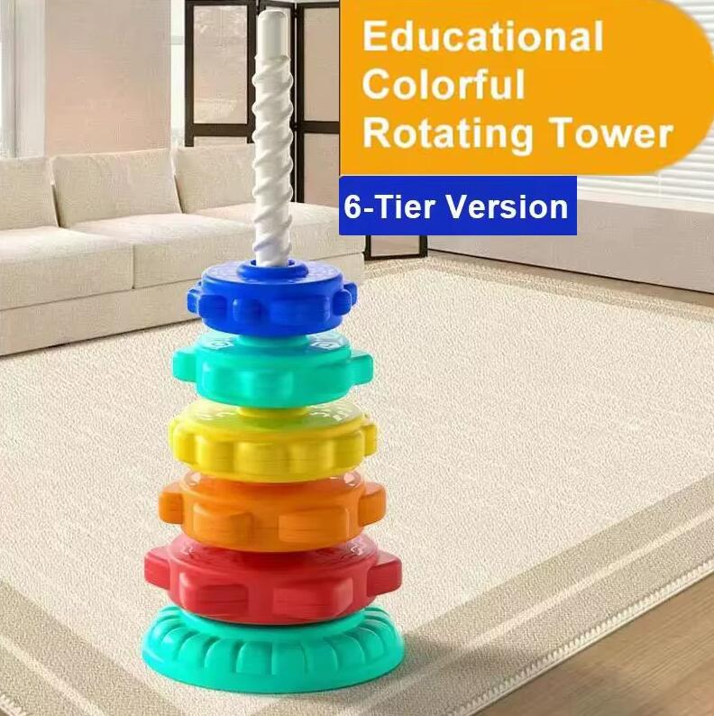 Montessori Rotating Rainbow Tower Baby Stacking Puzzle Toddler Toys Children Motor Skill Game Spinning Stacking Toys 1 To 2 Year