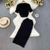 Women's Summer Skirt Set Short Sleeve Crew Neck Crop Top And High Waist Maxi Skirt Set Knitted Two Piece Outfit