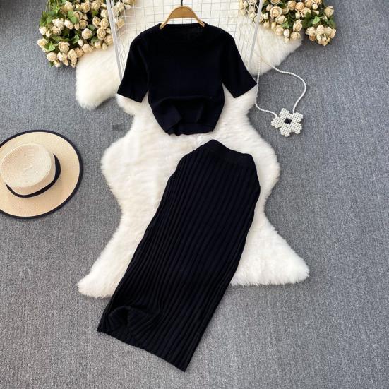 Women's Summer Skirt Set Short Sleeve Crew Neck Crop Top And High Waist Maxi Skirt Set Knitted Two Piece Outfit