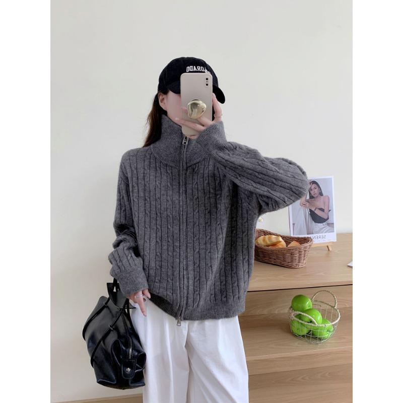 Retro twist autumn and winter stand-up neck zipper sweater jacket high-end soft waxy loose versatile knitted cardigan women