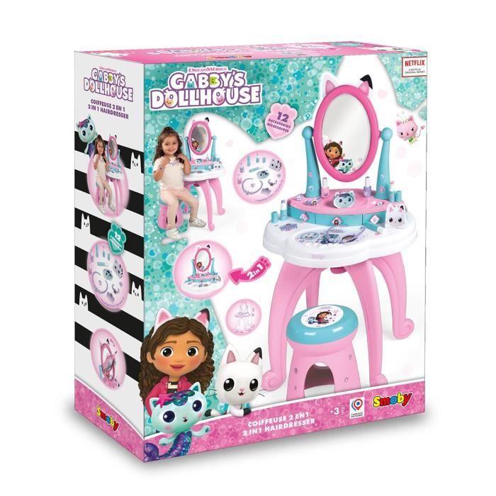 Smoby - Gabby og det magiske dukkehuset - Sminkebord for barn 2 i 1 - Krakk inkludert - 12 tilbehør - Justerbart speil