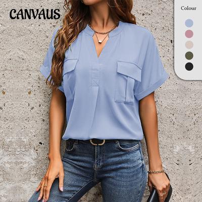 Sommar T-shirt dam Kortärmad blus Enfärgad V-ringad ficka Elegant pendlarskjorta
