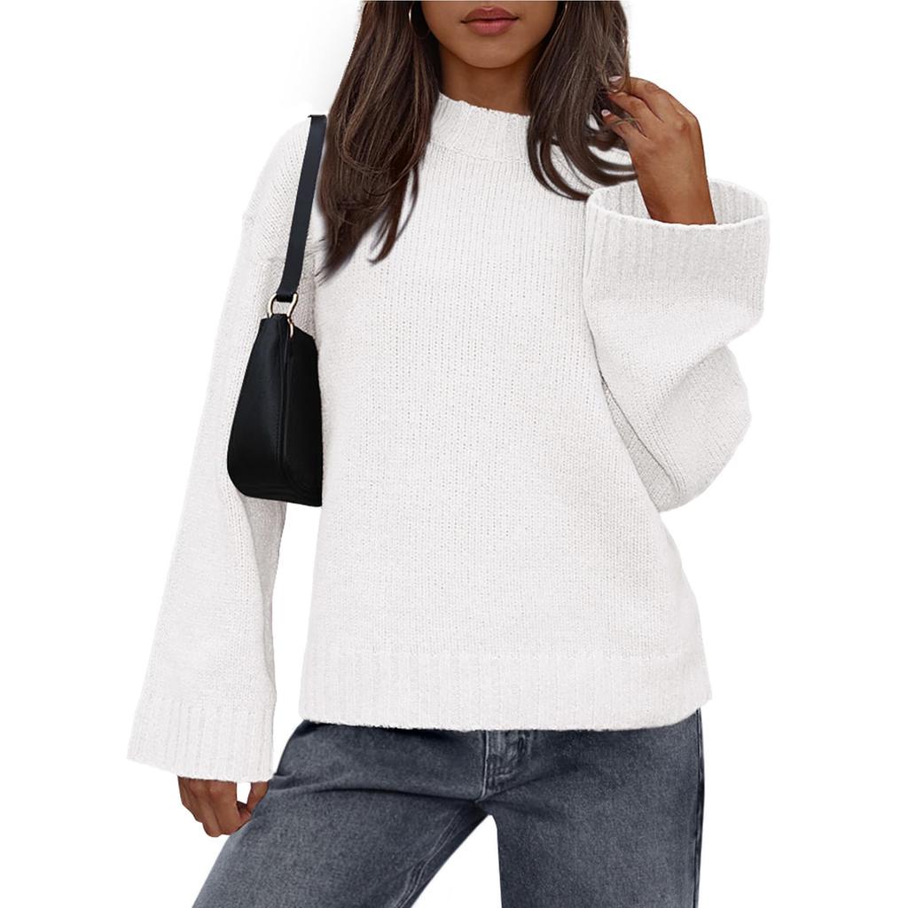 Womens Loose Round Neck Solid Color Bell Sleeve Long Sleeve Knitted Sweater Top