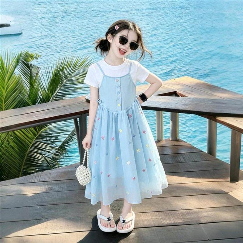 Girls Summer Princess Dress Medium Large Kids Short Sleeve Fake Two Piece Mesh Tulle Dress Sweet Casual Party Gown