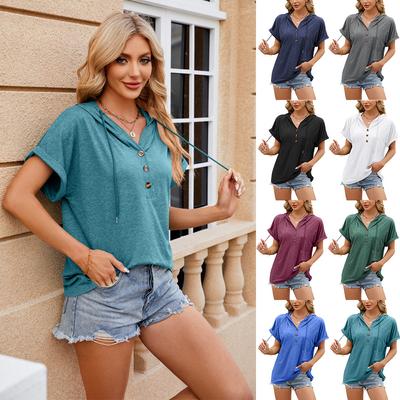 Summer Solid Loose Casual Shirt Women with Hooded Vintage Short Sleeve Tee Women's Blouse Tops Buttons V Neck Plus Size Blouses Female