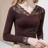 Tops for Women Pullover Cotton Long Sleeve V-neck  Autumn Winter Warm Slim Thickened Lace Top