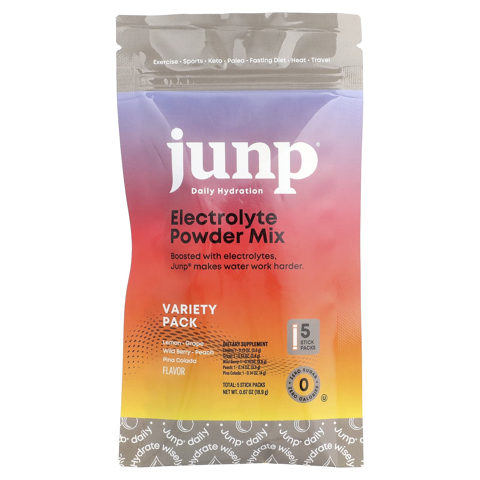 

JUNP Hydration, Electrolyte Powder Mix, Variety Pack, 5 Stick Packs, 18.9g (0.67oz)