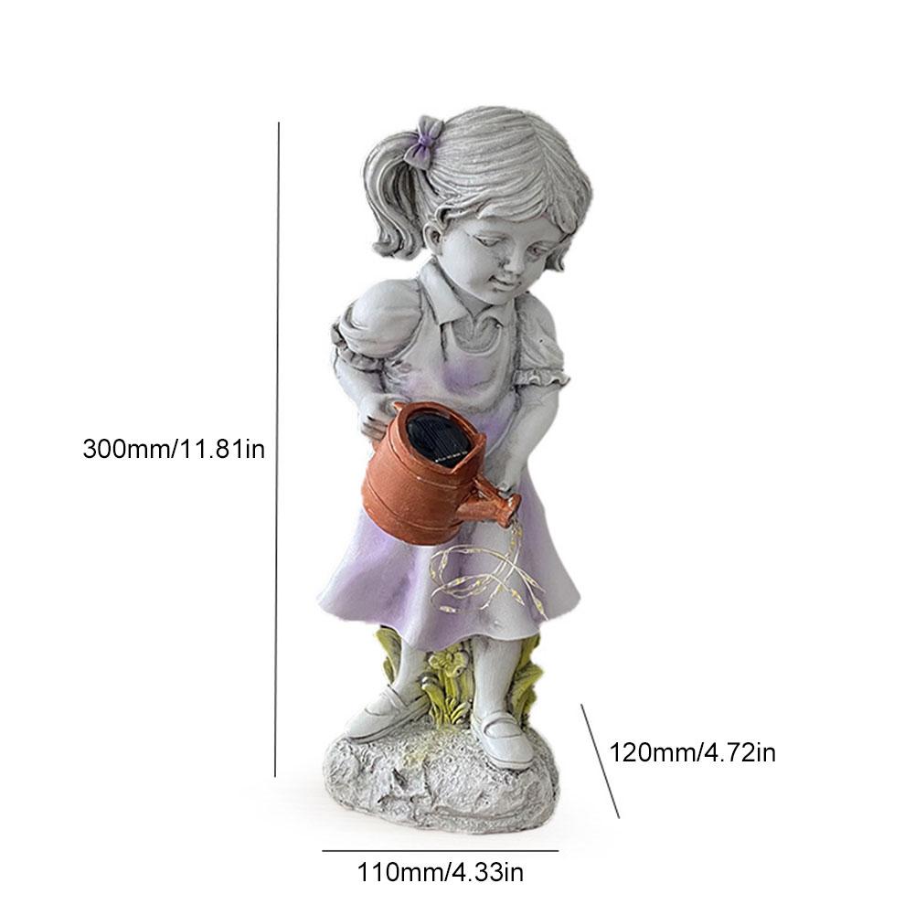 Solar Powered Girl Figurine Light Waterproof Girl Watering Pot Sculpture Creative Girl Watering Can Decor Courtyard Decoration