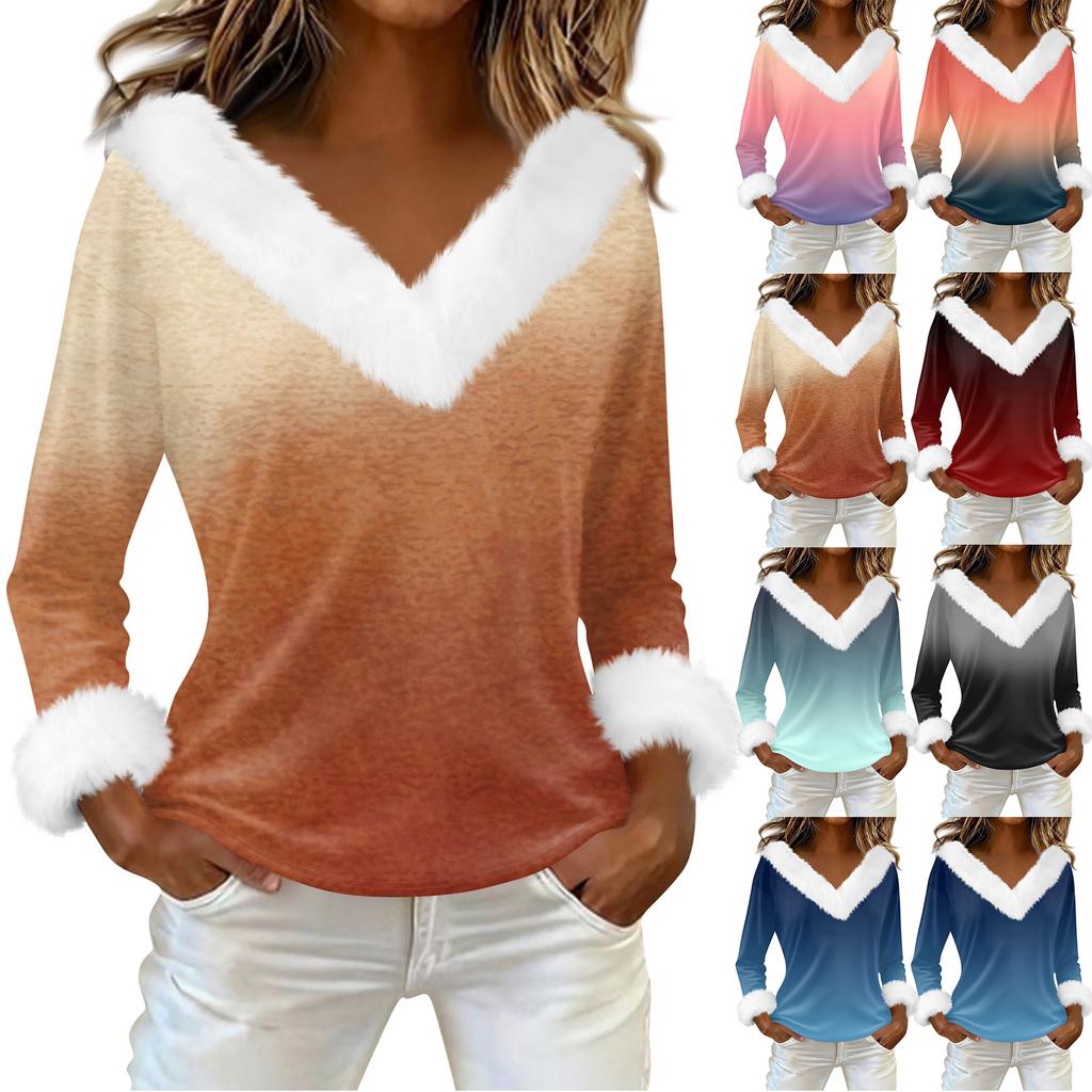Women's T Shirt Tee Print Shirt Long Sleeve Party Fleece Collar V Neck  Top