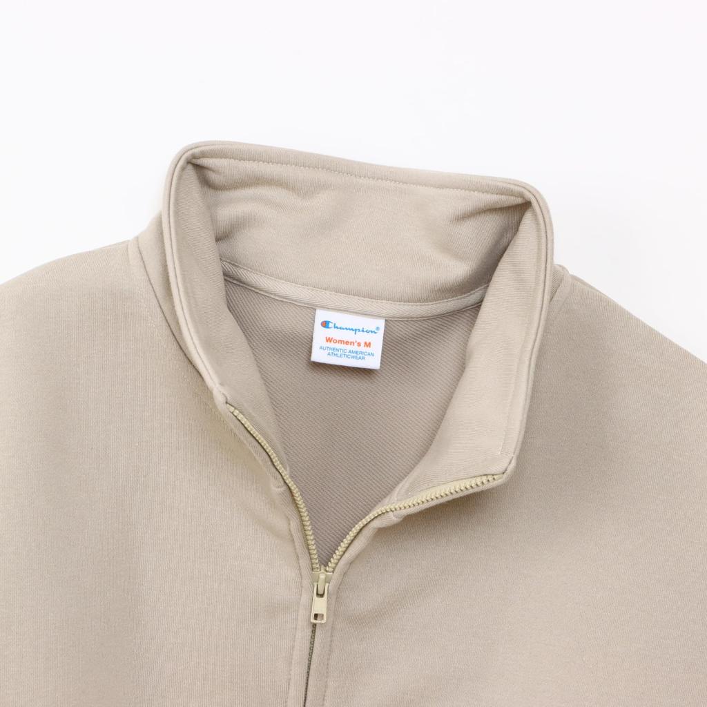 Champion TECH TERRY HALF ZIP SWEATSHIRT Long Crew Stretch USA Script Logo Sand Beige Women's WEAVE(R) (CW-BS001), Sleeve, Neck, Quick-Drying, Cotton,