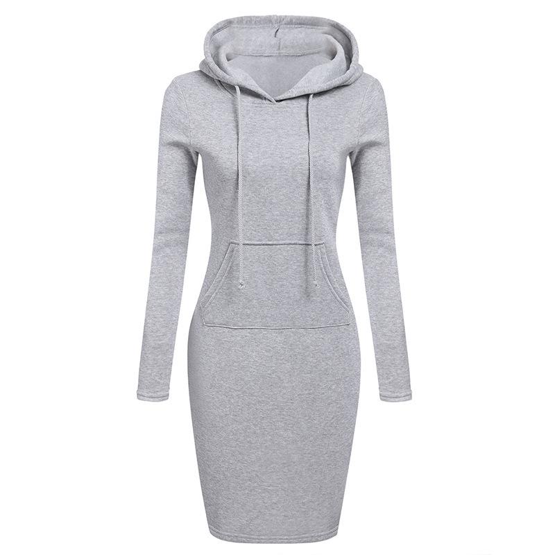 2023 Autumn/Winter Women's Solid Color Long Sleeve Hooded Mid-Length Sweatshirt Dress