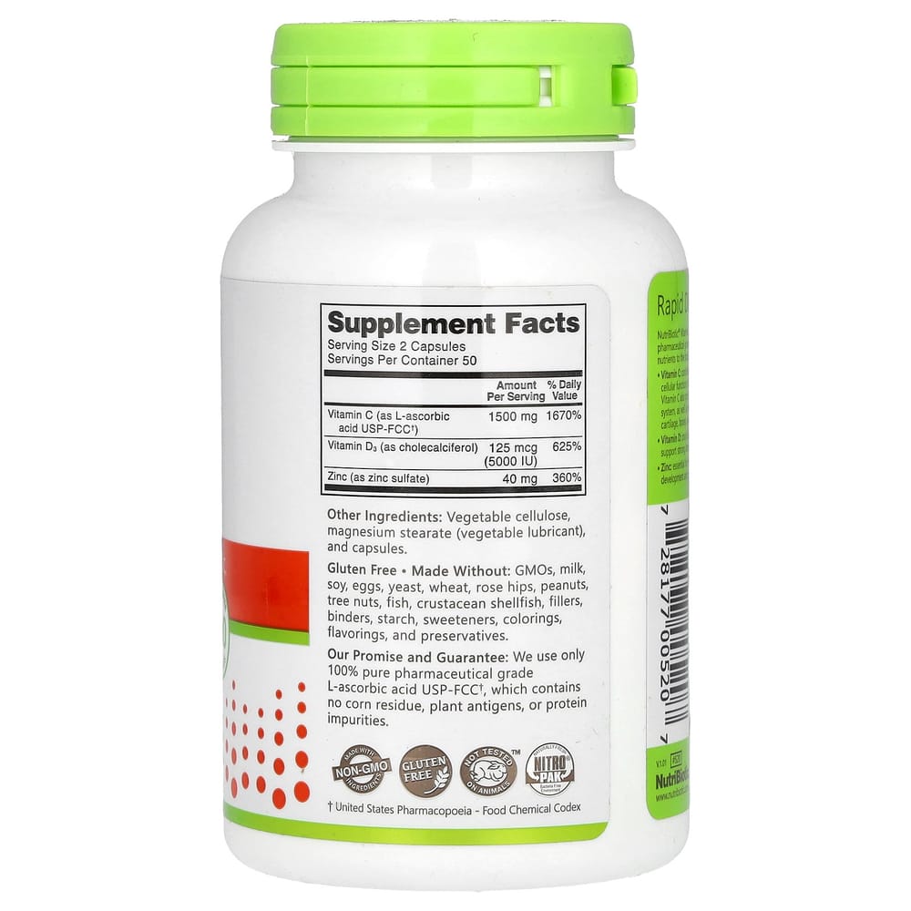 NutriBiotic Immunity Vitamin C + D3 & Zinc Capsules, 100 Count