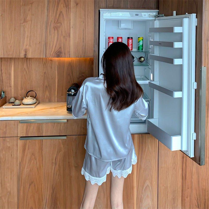 Korean Lace Collar Silky Homewear Set: Short Sleeve Top & Shorts In Solid Color for Spring/Autumn.