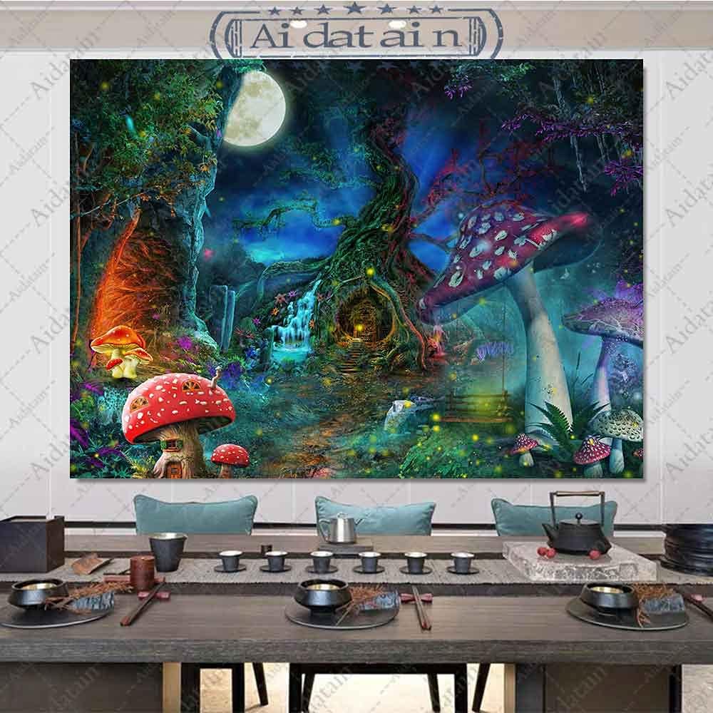 Fantasy Mushroom Forest Tapestry for Teen Girl Magical Tree of Life House Full Moon Wall Hanging Fairy Tale World Tapestries