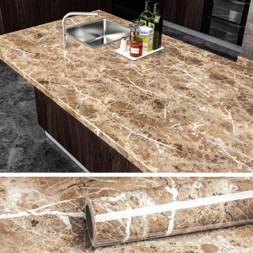VEELIKE Marble Wallpaper Sheet, Brown, 40cm x 9m, Peelable, Easy to Apply, Self-Adhesive, Waterproof, Heat-Resistant, Stain-Resistant, Oil-Resistant,