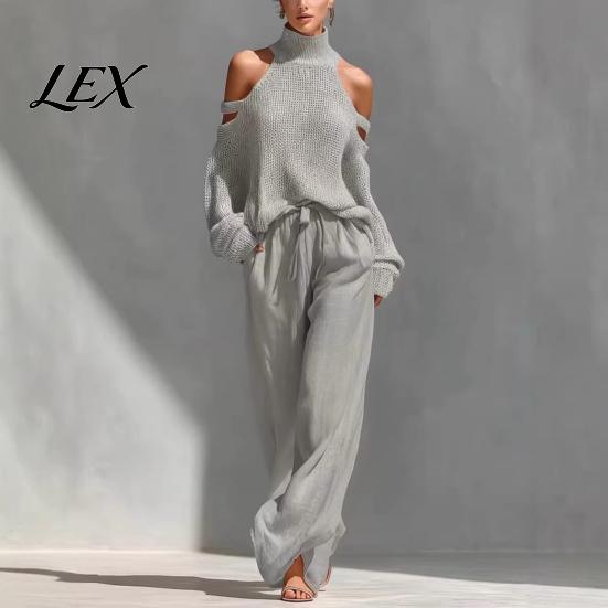 Cold Shoulder Knit Sweater Autumn Women Pants Set, & Wide Leg Breathable Spring Casual Wear Pants, Solid Color Long Sleeves Top Trousers Two