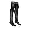 Wet Look Thigh High Stockings for Women Sexy Stretchy Shiny Metallic Black Stockings with Lace Trim Glossy Faux Leather Socks for Party Club Cosplay