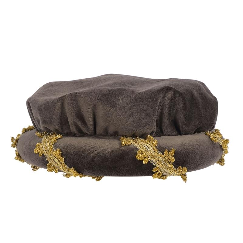 Cappello a cuffia imbottito in velluto rinascimentale con delicato bordo dorato per costumi medievali e rappresentazioni teatrali