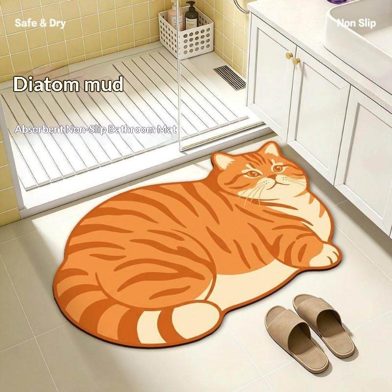 Diatomite Bath Mat Kawaii Cat Print Non Slip Super Absorbent Odor Resistant for Home Bathroom Shower Use