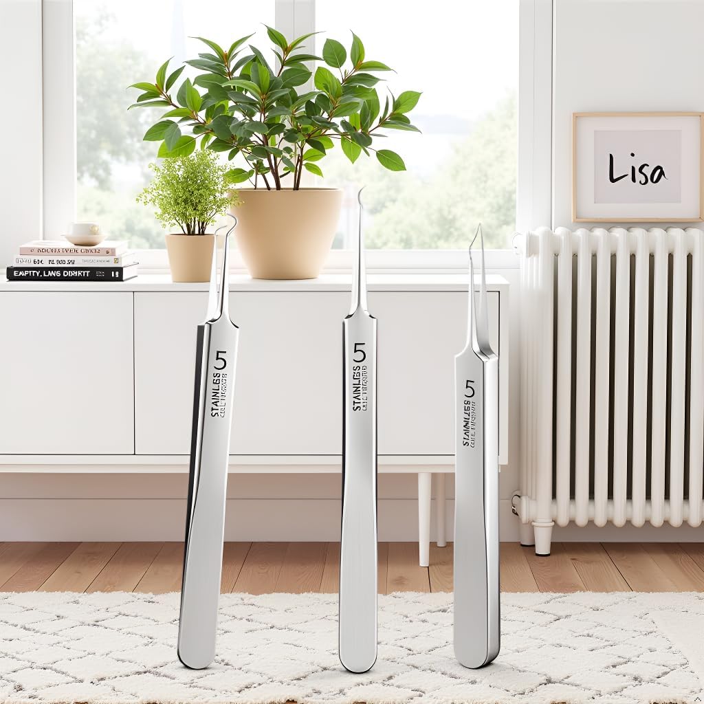 3 Pcs Professional Blackhead Tweezer Professional Facial Blackhead Remover Tweezers Precision Extractor Acne Removal Kit Pimple Popper Tool with