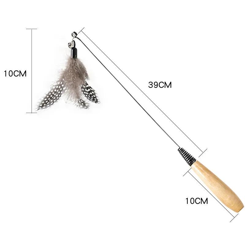 Interactive Cat Teaser Stick Toy with Wooden Handle Feather Spring Wand with Bell for Kittens
