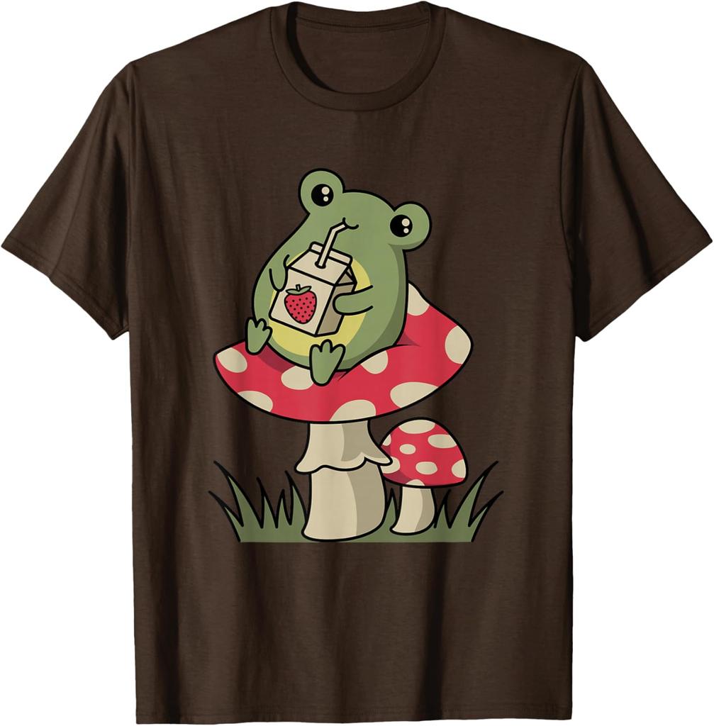 Cottagecore Frog Drinking Strawberry Milk Mushroom Graphic Tee Soft Casual Cotton T-Shirt for Unisex