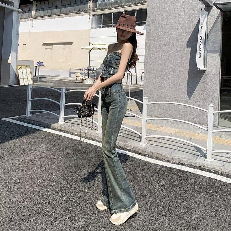 Women's Washed Retro Micro-Flare Jeans, High-Waisted, Elastic, Distressed, Slimming, Fall 2024 Collection.