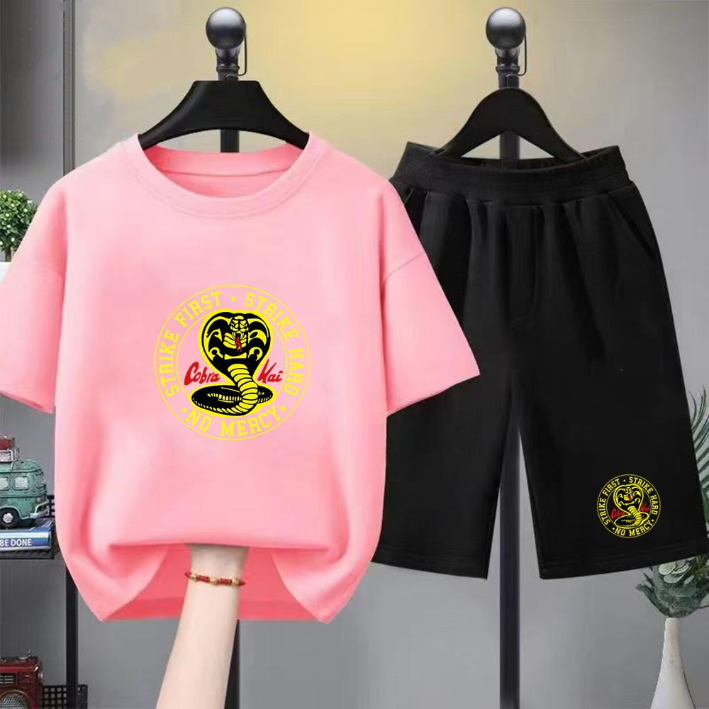 Summer T-shirt+shorts Anime snake Print Boy Black Girl Sets Tshirt kids Tops Casual Tees round Neck short-sleeved top