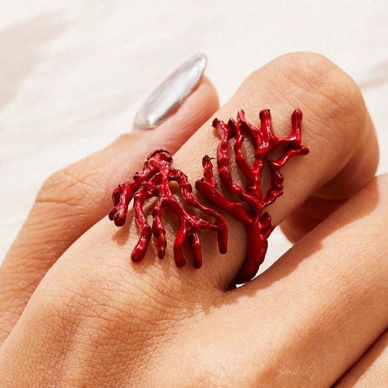 Exaggerated Red Color Metal Coral Shaped Opening Rings For Women Summer Irregular Geometric Punk Ring Jewelry Gift