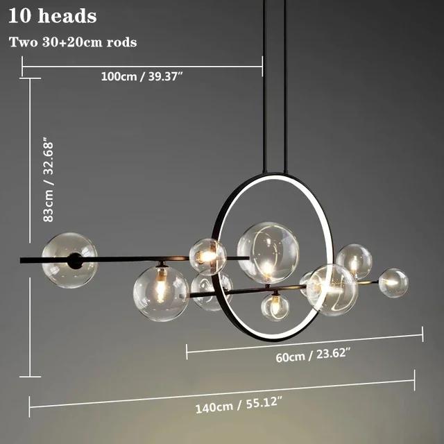 

10 Heads Black Ceiling Chandelier Bedroom Bedside Dining Transparent Glass Lampshade Double Pole Wrought Iron Pendant Lighting 110V&Cold light ring