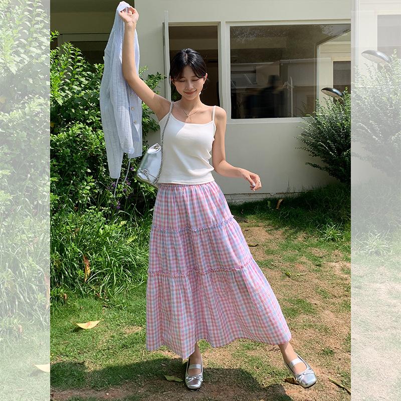 

Летняя розовая клетчатая плиссированная юбка женская с высокой талией юбка-зонт длинная юбка Average size