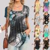 Womens Summer Tops Short Sleeve Blouses Casual Tunic Shirts Square Neck Printing  Tops