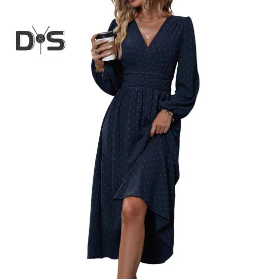 Women Spring Fall Dress V Neck Slim Waist Long Bubble Sleeves A-line Pleated MId-calf Length Flowy Dress Prom Party Dating Midi Dress