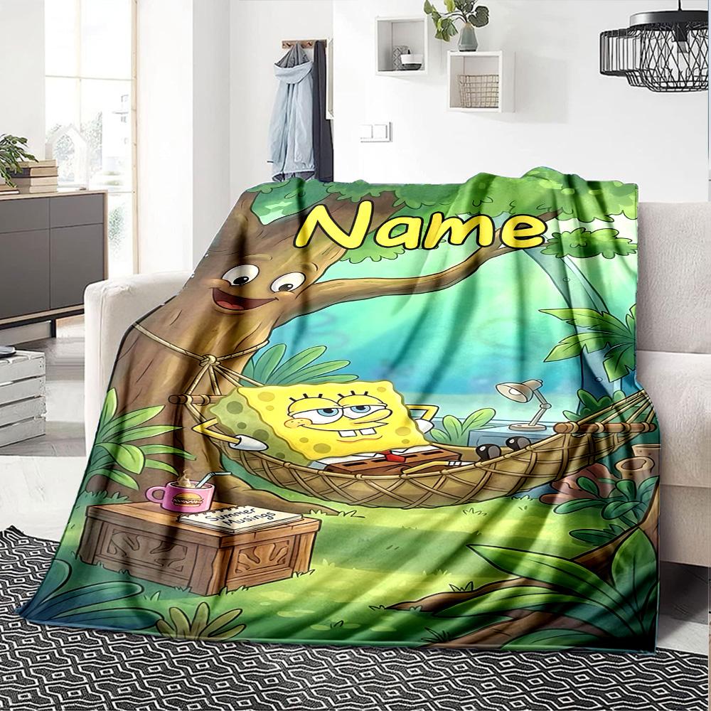 Custom Name Spongebob Forest flannel Blanket for Super Soft Cute Comfort Blanket for Travel Bedding Couch Sofa Blanket