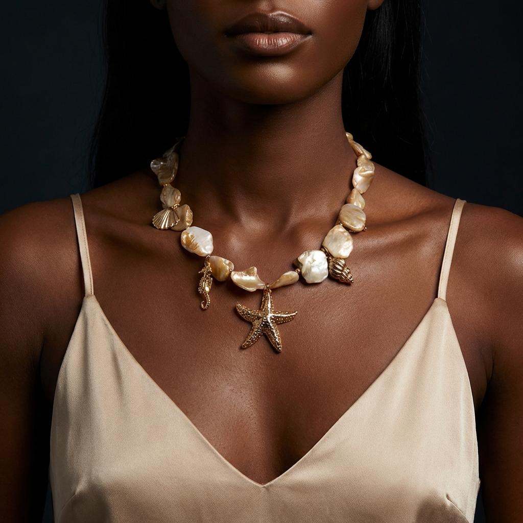 Bohemia Irregular Shell Beaded Necklace for Women Starfish Conch Pearl Pendant Metal Chain Choker Summer Beach Vacation Jewelry
