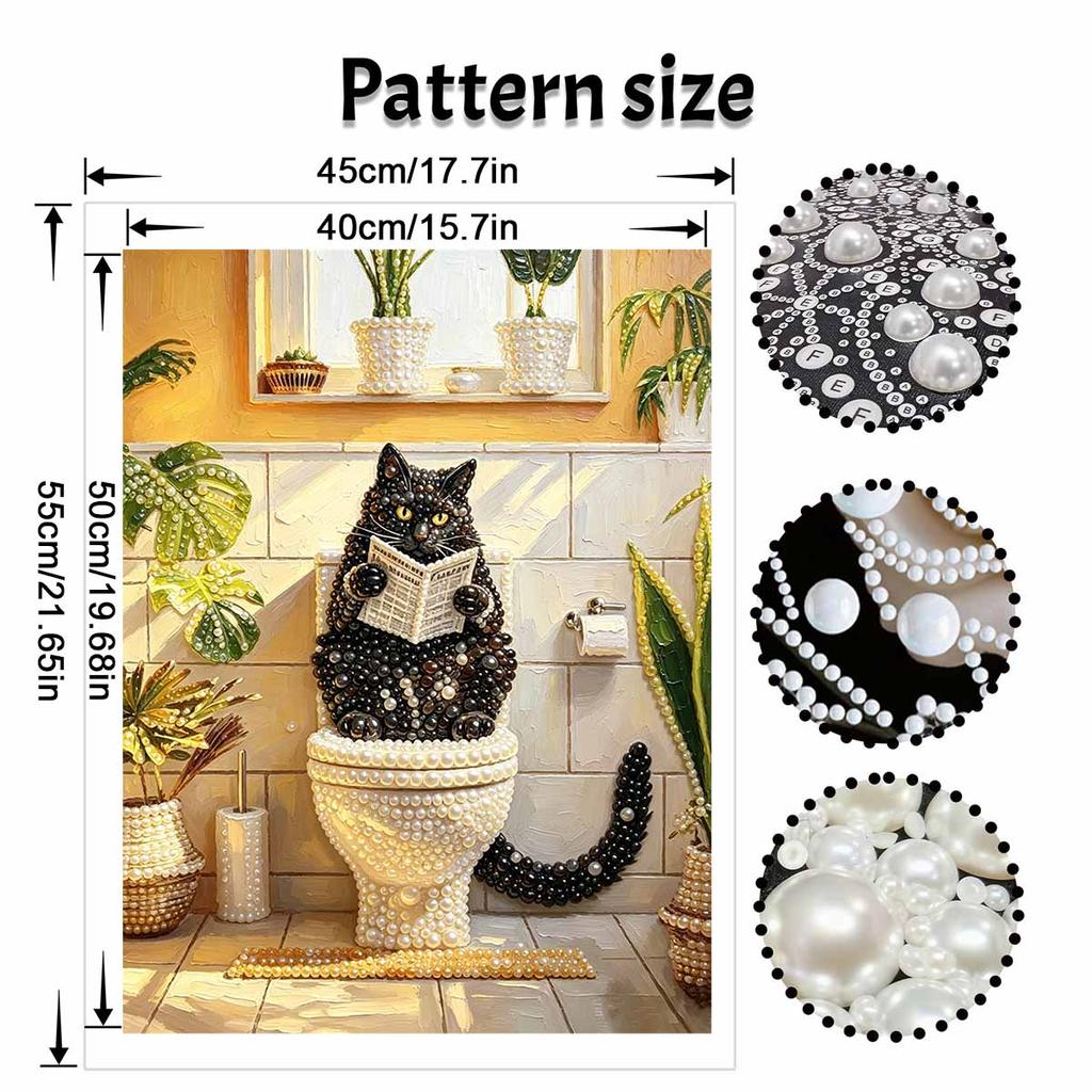 Elegant Framed Pearl Art DIY Set with Funny Black Cat Reading Newspaper 5D Sparkling Bead Canvas Painting Ready to Display Home Decor Gift
