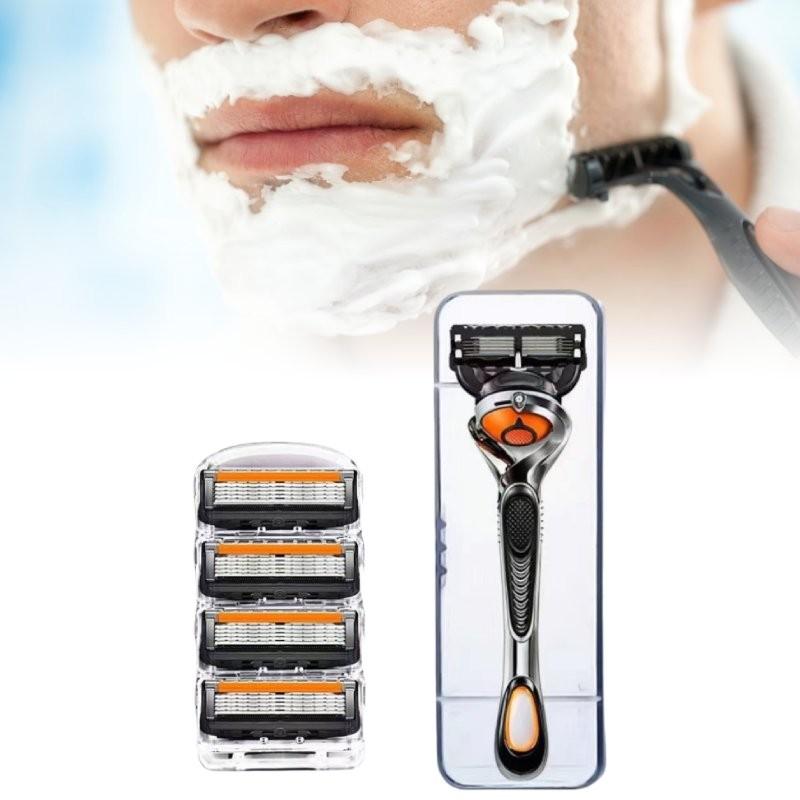 Innowacyjna maszynka do golenia z pięcioma ostrzami dla panów w stylowej pomarańczowo-czarnej kolorystyce