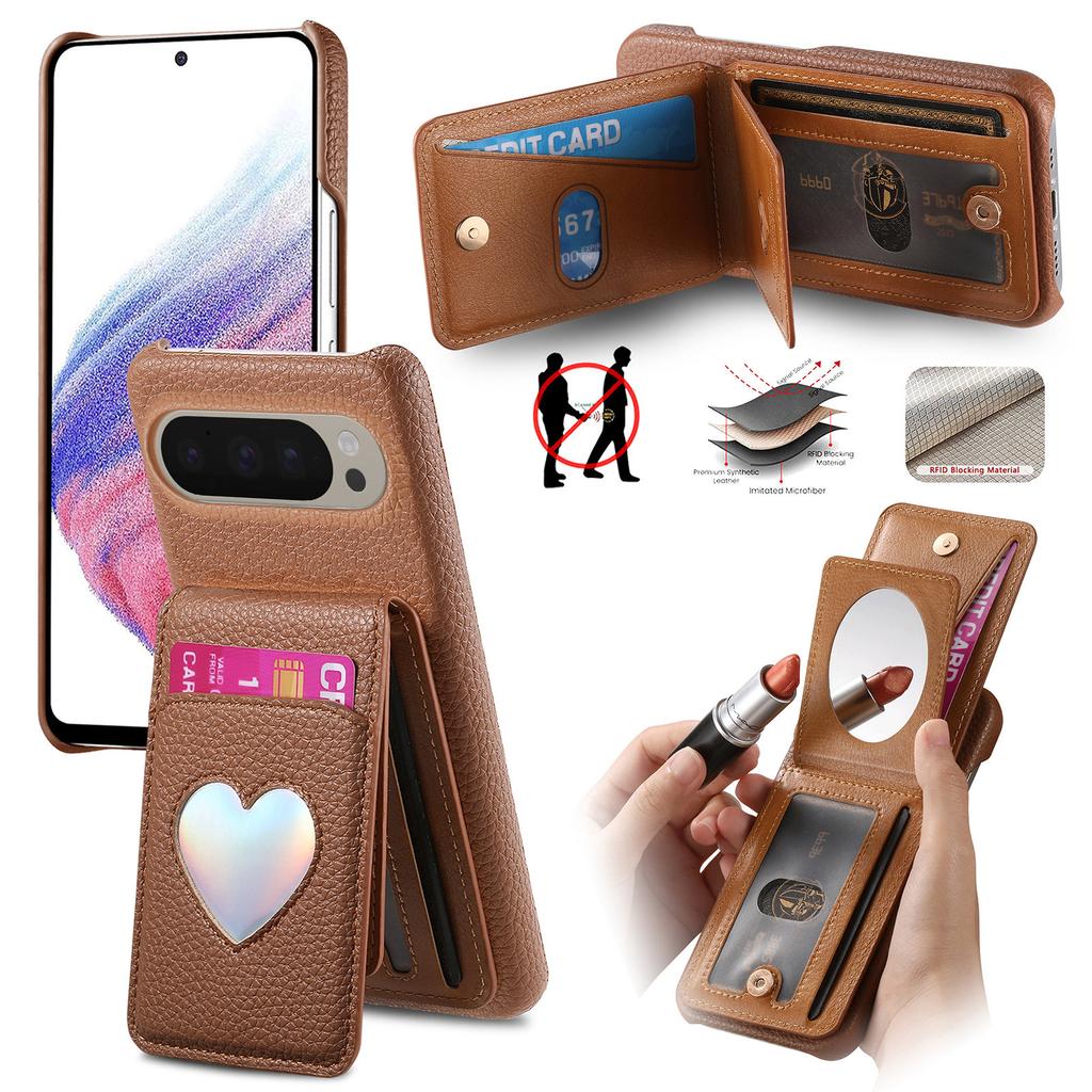 For Google Pixel 10 Pro XL/9 Pro XL Case with Mirror Card Holder RFID Blocking Litchi Texture PU PC Phone Back Cover