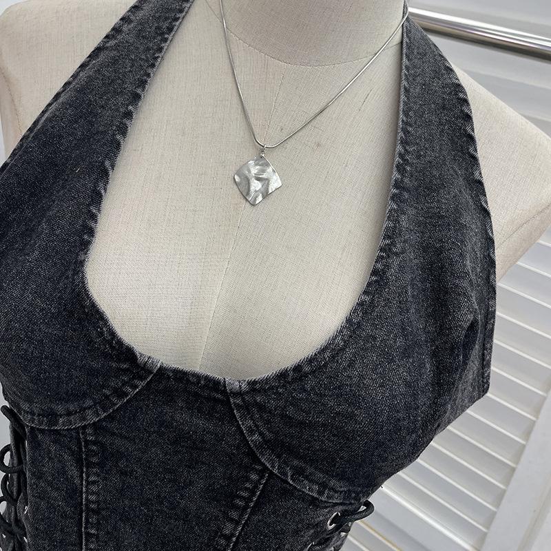 Denim Halter Crop Top: Punk Lace-up Sleeveless Slim Fit