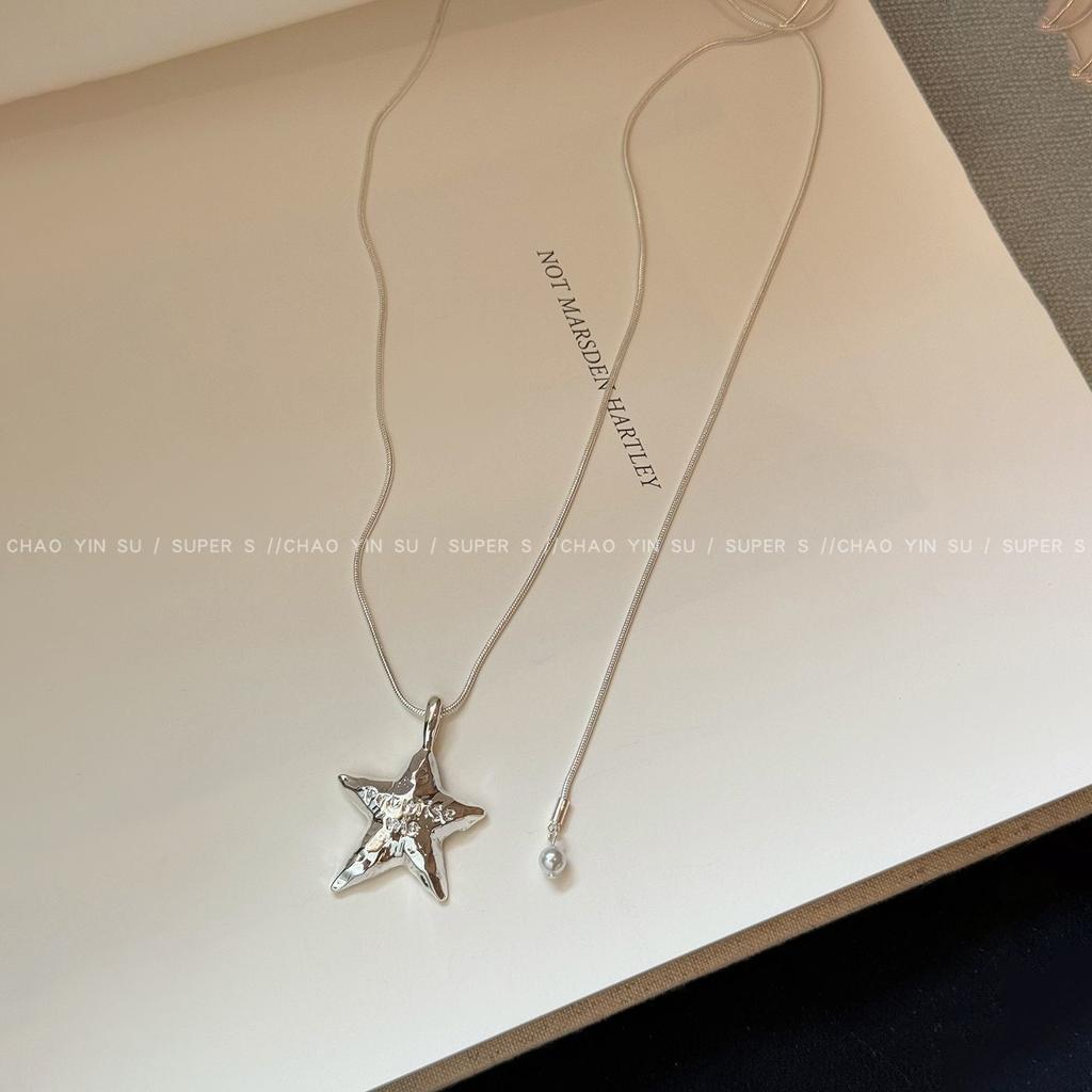 Silver Star Heart Pull Adjustable Clavicle Necklace Fashion Sweater Chain For Women