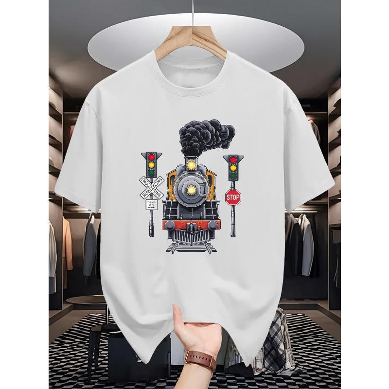 European Size Train Men's Summer Short-sleeved T-shirts, Fashionable and Trendy Printed Men's Bottoming Shirts, Round Neck Casual Versatile Tops