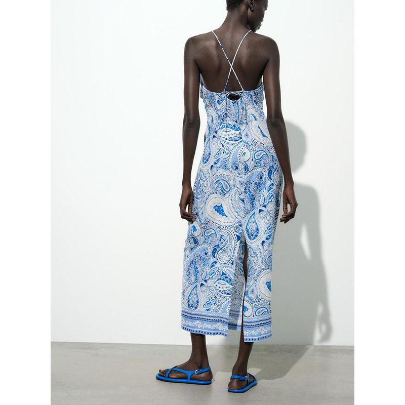 Summer New Women Clothes European and American Leisure V-neck Knot Decoration Print Fashion Temperament Midi Dress 3558671