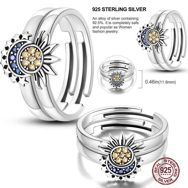Free Size 925 Sterling Silver Ring Butterfly Sun Moon Sunflower Crystal Original Adjustable Rings for Women Wedding Jewelry Gift